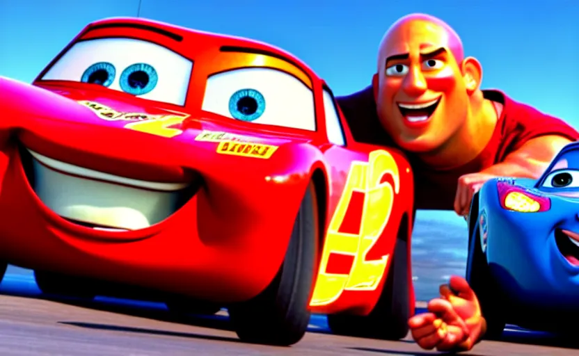 Image similar to vin diesel hugging lightning mcqueen from cars the movie,