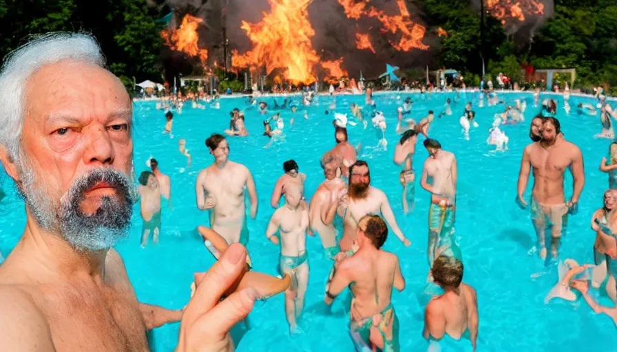 Prompt: Socrates eating a translucent turquoise hemlock popsicle at the last pool party he will ever attend, he is comforted by his disciples, large cloud of fire engulfs him, in the style of Martin Parr The Last Resort, ring flash closeup photograph