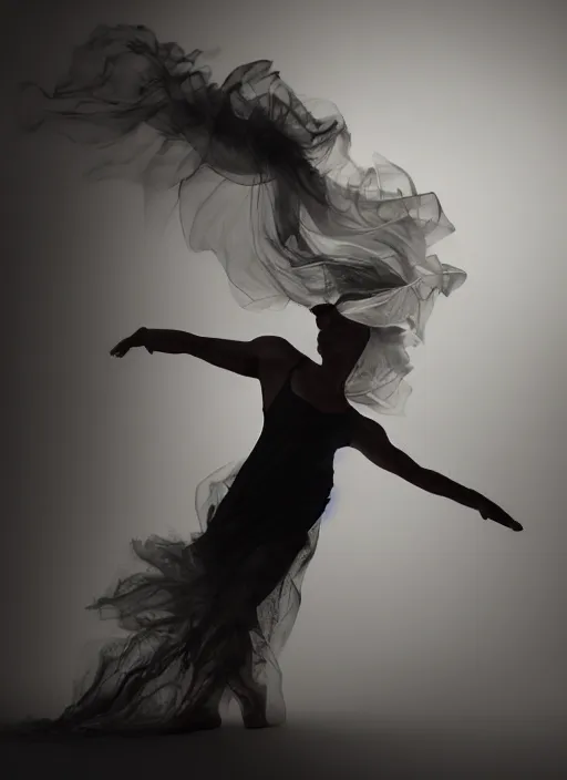 Image similar to a Photorealistic dramatic hyperrealistic render of a beautiful Female smoke dancer by Ken Brower and Deborah Ory of NYC Dance project,Lois Greenfield,Flowing cloth and smoke,Beautiful dynamic dramatic dark moody lighting,volumetric,shadows,cinematic atmosphere,Octane render,8K