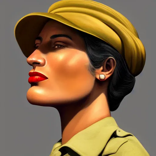 Image similar to A Hearts of Iron IV portrait of a Cuban young woman with high cheekbones. Good bone structure. Dressed in 1940s style. Highly detailed, fine Art, high detail, great lighting, 8k resolution, masterpiece, concept art, illustration, clear eyes, painting oil on canvas, octane render, HDR, trending on artstation, 4k, 8k, HD