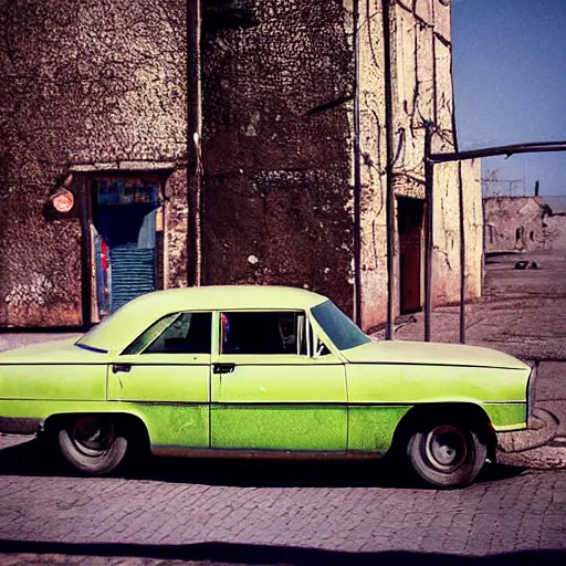 Prompt: low angle photo car in soviet town in mid day by william egglestone, bokeh