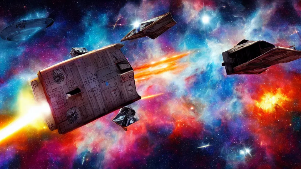 Prompt: a beat up space rv flying in front of a nebula in space, metal with graffiti on the side, still from star wars : a new hope, 4 k hd wallpaper, premium prints available