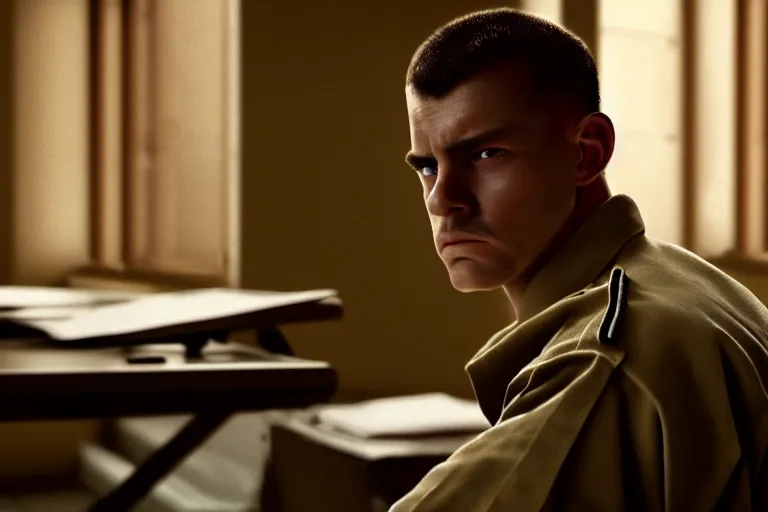 Image similar to a cinematic painting of a male prison guard, sat at a desk, ultra realistic, dramatic, soft light, dreamy, facial features, detailed, deep focus, movie still, dramatic, ray tracing, by annie leibovitz