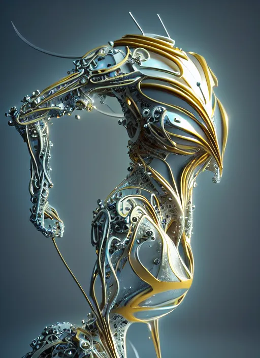 Image similar to abstract organic cyborg ornament in fluid creature, white and gold biomechanic plastic, glow lighting, fantasy, intricate, elegant, highly detailed, lifelike, photorealistic, octane render, 3d, concept art, smooth, sharp focus,