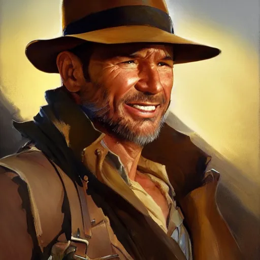 Image similar to greg manchess portrait painting of indiana jones as overwatch character, medium shot, asymmetrical, profile picture, organic painting, sunny day, matte painting, bold shapes, hard edges, street art, trending on artstation, by huang guangjian, gil elvgren, ruan jia, randy vargas, greg rutkowski