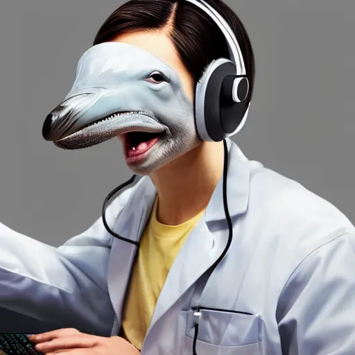 Image similar to An anthropomorphic grey dolphin in a white lab-coat playing games on a computer, digital painting, close-up, wearing a headset