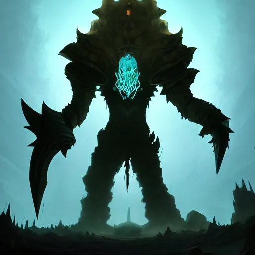 Prompt: Portrait of a Giant (Sentinal) holding the (blade) of the ruined king, digital illustration, (ruins), glow in the dark, (ethereal), the (void,) ominous, fear, very detailed, trending on artstation, high definition, by Riot Games, League of legends