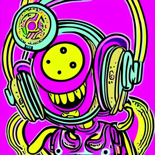 Image similar to psychedelic laughing demon, rocking out, headphones dj rave, digital artwork, r. crumb, svg vector