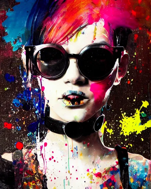 Prompt: a punk girl wearing circular glasses, wearing a choker, side portrait, defiant, passionate, spotlight, paint drips, glitching paint splatter, vibrant colors, dramatic, canvas texture, futuristic clothing, digital painting by marco paludet, by jeremy mann