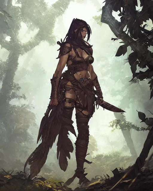 Prompt: digital art of a warrior woman in a jungle wearing heavy medieval knights armor, character art, by greg rutkowski, detailed body and face, beautiful face, anime style, 4 k, dnd