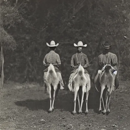 Image similar to kangaroo and wallaby cowboys, riding into a small town on horses, 1 8 6 0 s, photo