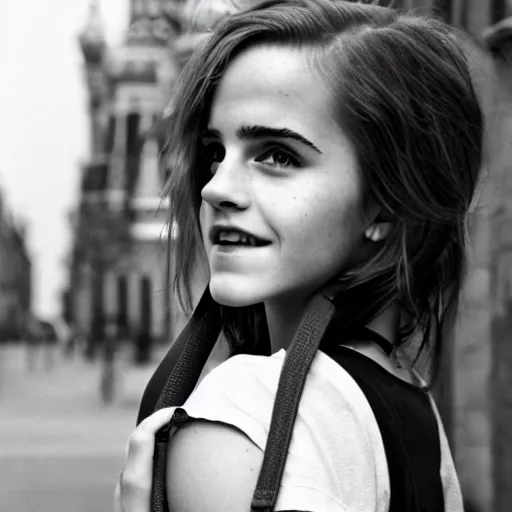 Prompt: photo of teenage emma watson as schoolgirl, holding stringbag full of bagels, street of moscow, shallow depth of field, cinematic, 8 0 mm, f 1. 8