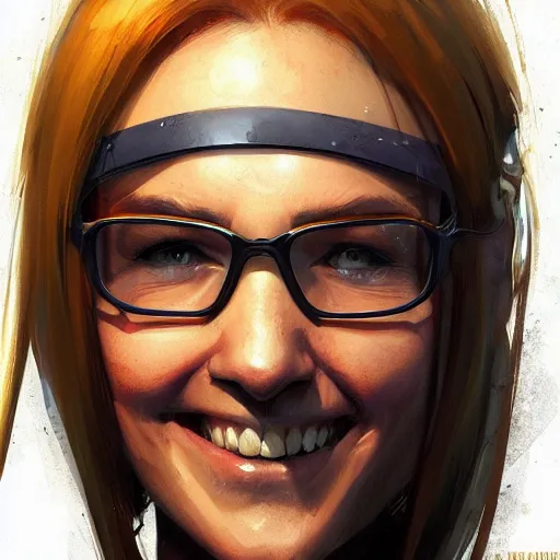 Image similar to gordon freeman as a smiling woman, hd shot, digital portrait,, artstation, comic style, by artgerm, jakub rozalski and charlie bowater