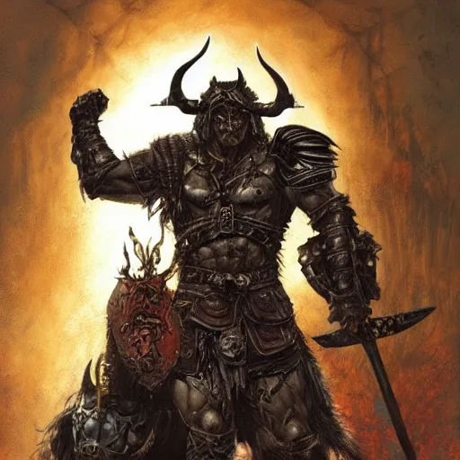 Prompt: a photorealistic painting of Conan the slayer , in a horned helmet and ironpunk death metal armor, wielding an axe, extremely muscular male fantasy hero, extremely detailed, mixed media style comic book artwork, artstation, medieval fantasy art, sharp focus, perfectly symmetrical facial features, melancholy lighting, art by Barry Windsor-Smith and Bill Sienkiewicz , hyperrealism, golden ratio, hyperdetailed, heavily detailed and intricate