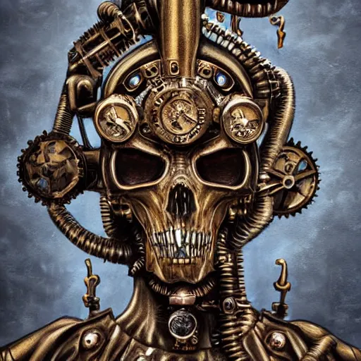 Image similar to steampunk death god, ultra detailed, up close, portrait, metal, maximalist