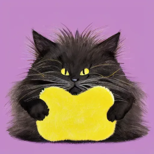 Image similar to Black cat with very puffy fur. The cat looks very soft and cuddly, and seems to be enjoying a good nap. The background is a warm, light brown color, and the cat's fur is a similar shade. The overall effect is very calming and serene. Yellow solid background. Pixar Style