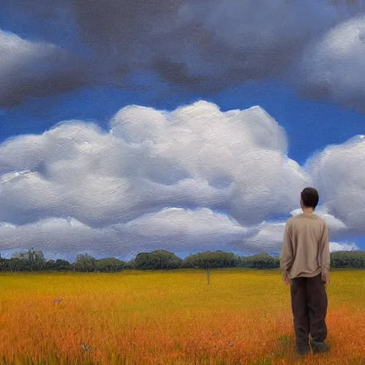 Prompt: a man standing in a open field with a rift in the sky, wide angle shot, hd, intricate detail, painting