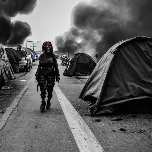 Image similar to Candid extreme wide shot of a poor techwear mixed woman with tattoos outside of a futuristic Los Angeles on fire, homeless tents on the side of the road, military police, cyberpunk, 4k, extreme long shot, desaturated, full shot, action shot, blurry, sigma 85mm f/1.4, high resolution, 4k, 8k, hd, full color