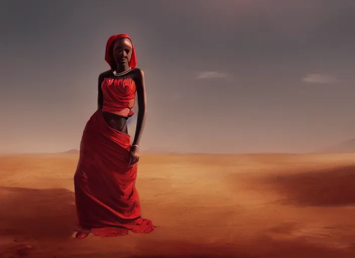 Prompt: desert landscape, portrait painting beautiful realism, an african girl with red hair, wear gowns, who was sprawled out was about to rise, his face covered in blood. cinematic scene, good lighting, fine art, trending on artstation, smooth draw, sharp focus.