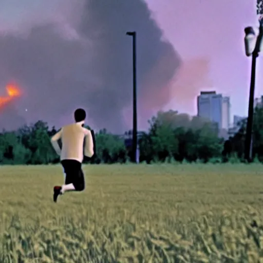 Image similar to cctv footage of a man running across a field, in the background is a large explosion, highly detailed, very realistic.