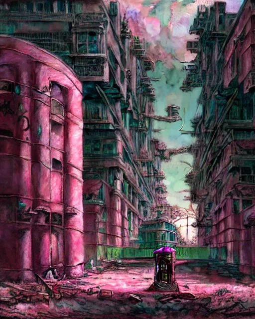 Image similar to hyperrealistic hyperdetailed rococo mecha iridescent pink coming out of dystopian city ruins concept art santiago caruso de chirico sharp very dramatic green light 8k low angle shallow depth of field