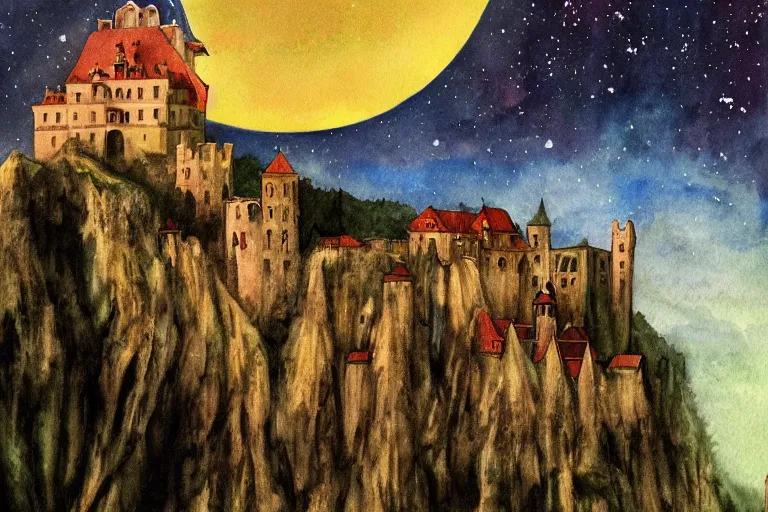 Prompt: The Castle of Dracula in Jupiter, beautiful, national geographic, very detailed, astrophotography, water color, canvas, Sandra Pelser, Jeff Lyons, Edward Hopper