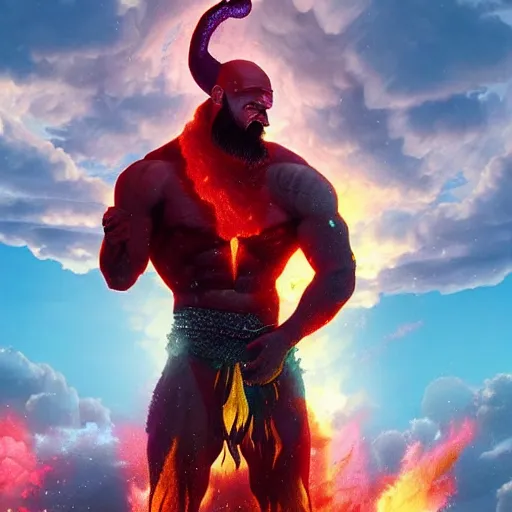 Prompt: a detailed rendition of kratos as lebron james riding a gigantic fire breathing dragon, art by beeple
