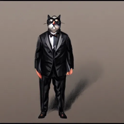 Image similar to photorealistic cat man wearing a tuxedo in the style of greg rutkowski. hyperdetailed photorealism, 1 0 8 megapixels, cinematic lighting