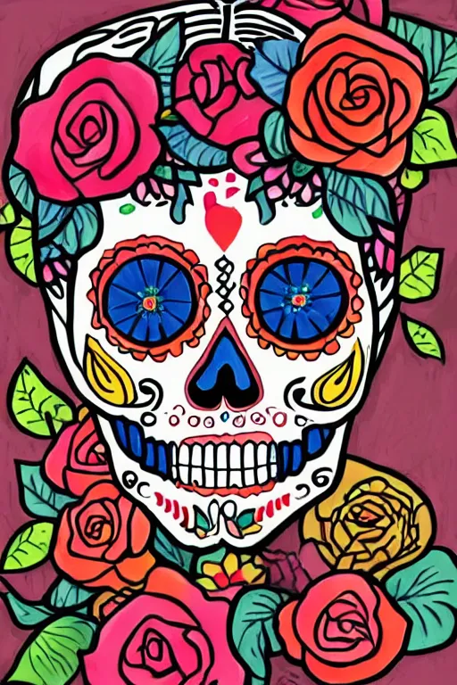 Image similar to illustration of a sugar skull day of the dead girl, vanitas art