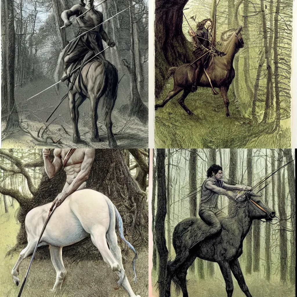 Prompt: A centaur resembling Adam Driver, with a bow and arrow, in a wooded clearing, Alan Lee illustration