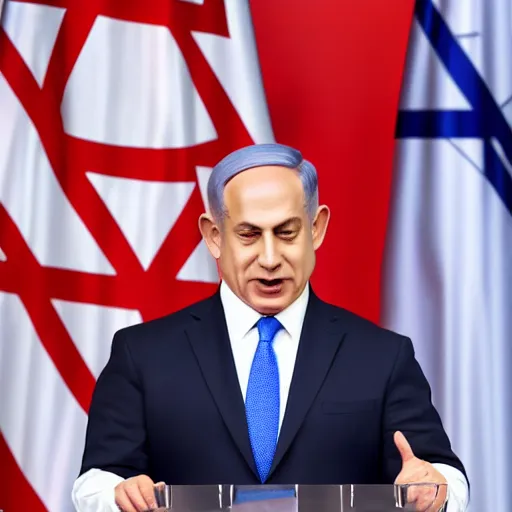 Prompt: photograph of Benjamin Netanyahu giving a speech with a podium in front of him, suited men with medical masks standing behind him, cinematic lighting, official media, HQ, 4K, news photography