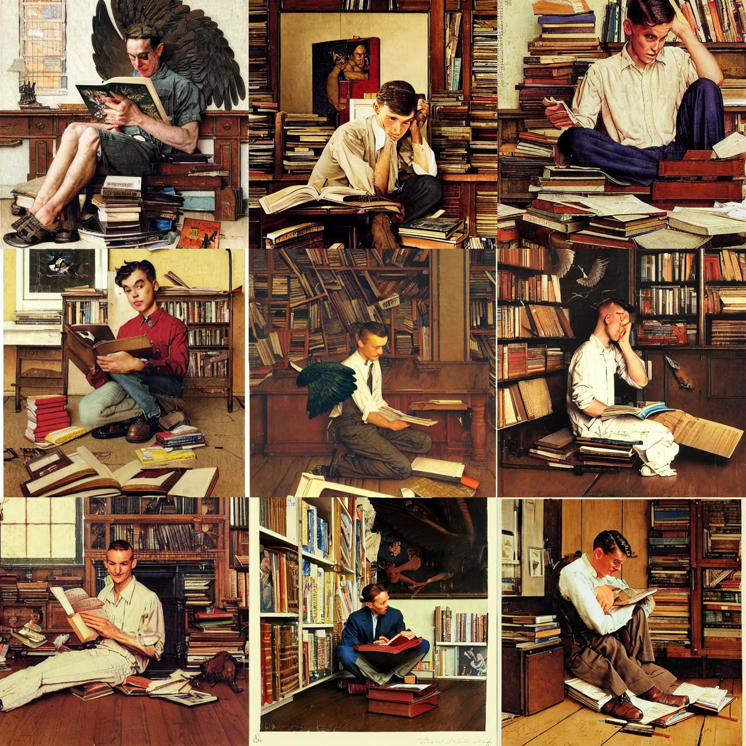 Prompt: A young, handsome man with wooden wings sitting on the floor, surrounded by open books, and trying to read , by Norman Rockwell