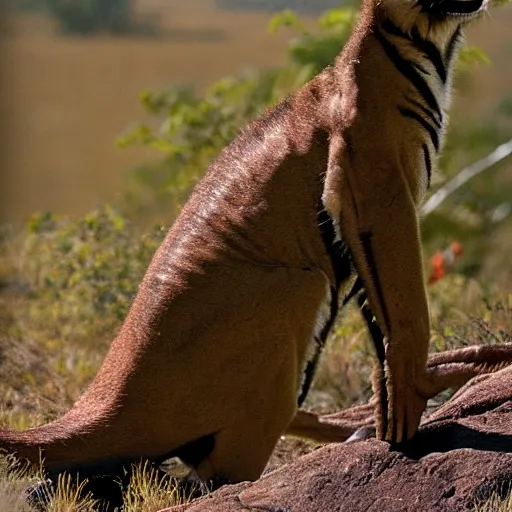 Image similar to dynamic photos of a tasmanian tiger, National Geographic animal pictures, sharp detail, shallow depth of field