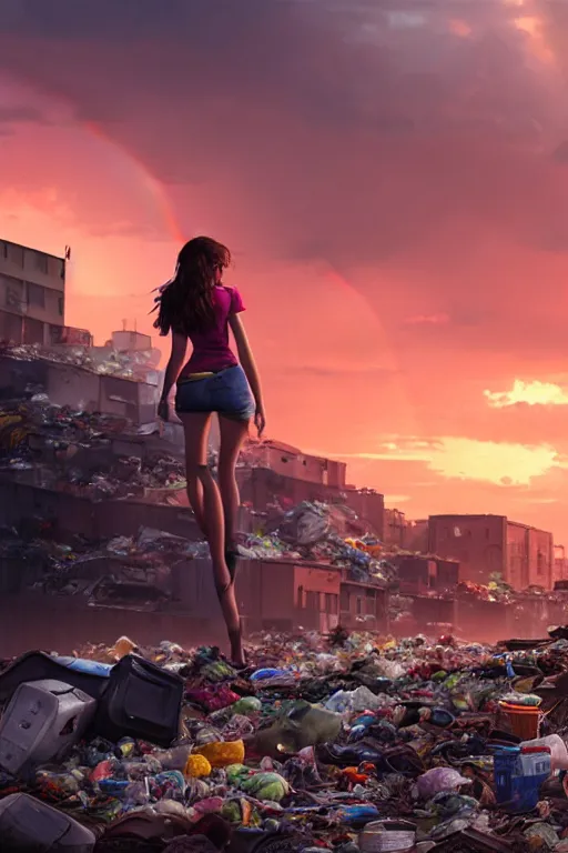 Prompt: wide photo of young woman in mini short with backpack looking at food at garbage dump, destroyed cars, city is pure wasteland, moody sunset background, rays of sunlights, ( ( ( rainbow ) ) ), high details, sharp, photorealism, greg rutkowski, artgerm, unreal engine, highly detailed