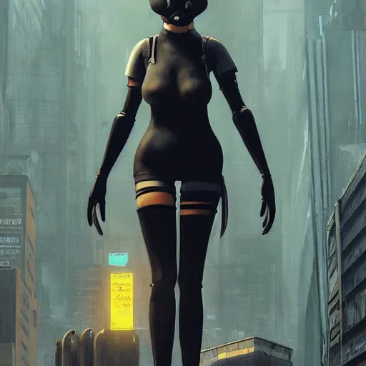Prompt: new york city portrait of 2B nier automata as a furry anthro anthropomorphic animal person fursona wearing skin tight clothes muzzle gloomy rainy screenshot from the video game cyberpunk 2077 digital art by Greg Rutkowski, Simon Stalenhag, christopher nolan trending on Artstation, CGSociety