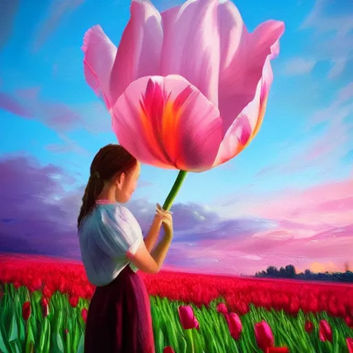 Image similar to large tulip as a head, girl standing in a flower field, surreal photography, sunrise dramatic light, impressionist painting, colorful clouds, digital painting, artstation, simon stalenhag