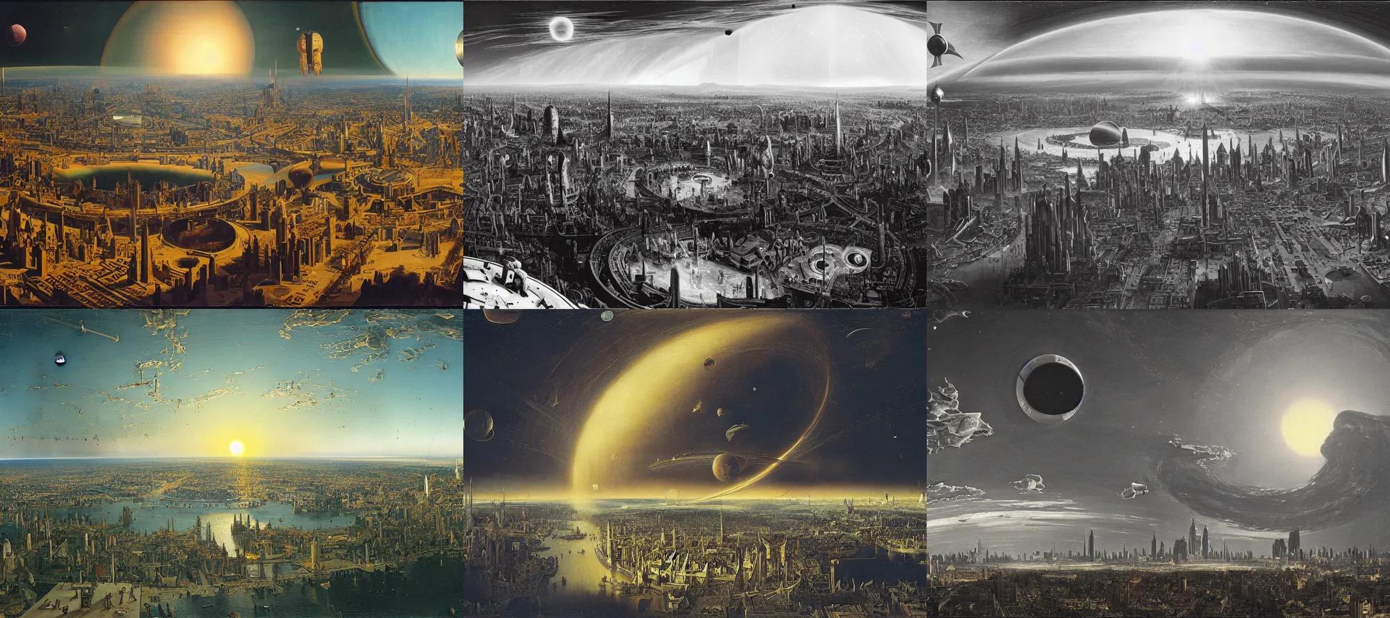 Prompt: Planetary city by Ansel Adams and Bernardo Bellotto, golden hour, event horizon, coronal ejection