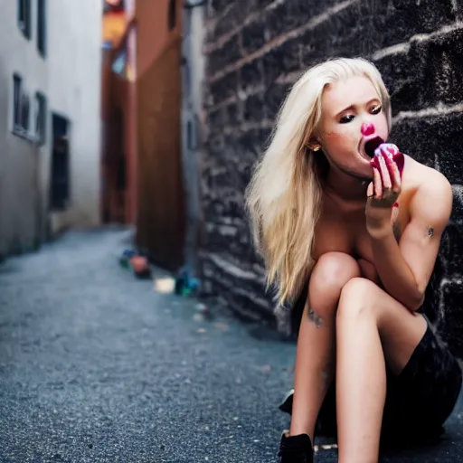 Prompt: close up photo of a fully clothed blonde model on her knees with yoghurt dripping from her face in an alley