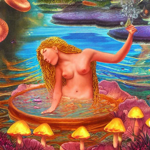 Image similar to goddess of mushrooms bathing in the glowing lake, fantasy painting