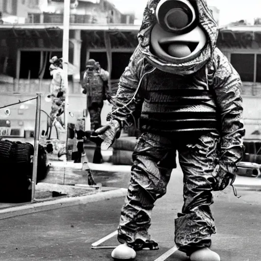 Prompt: the muppet gonzo in a bomb diffusion suit defusing a bomb. action movie scene photograph.