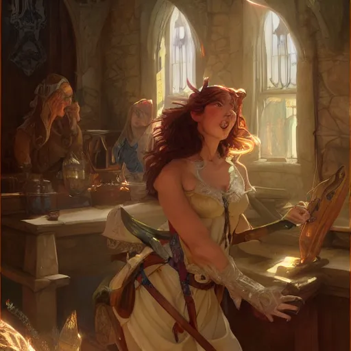 Prompt: Portrait of a half-elf bard singing to an enraptured tavern, D&D, fantasy, digital painting, detailed, artstation, Krenz Cushart, Greg Rutkowski, Alphonse Mucha, Artgerm