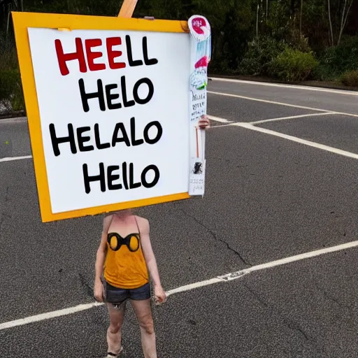 Prompt: <photograph quality=high accurate=true readable=true>Kangaroo holds sign that says Hello</photograph>