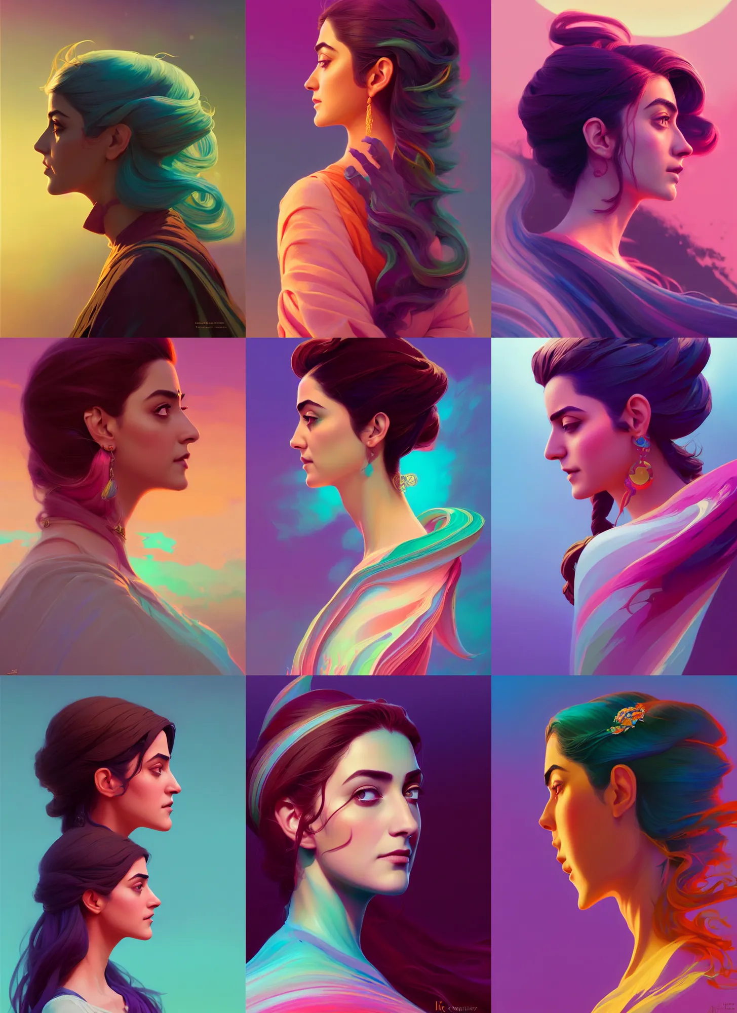 Prompt: side profile painted portrait, maya ali, wind wizard, d & d, matte painting concept art, art nouveau, beautifully backlit, swirly vibrant color lines ripples, pastel colors, aesthetic octane render, 8 k hd resolution, by ilya kuvshinov and cushart krentz and gilleard james