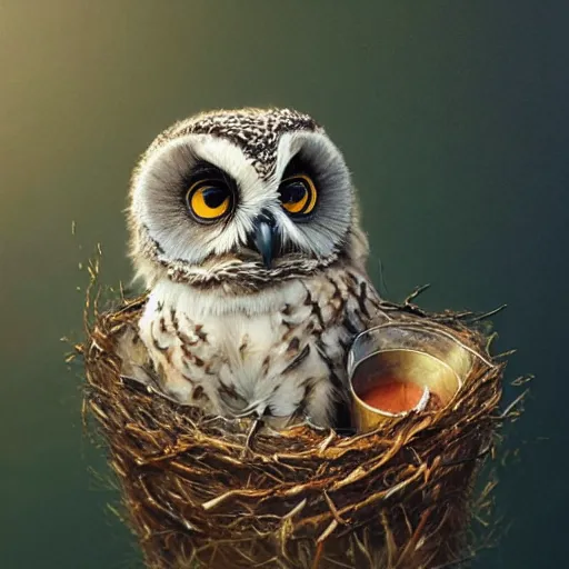 Image similar to long shot of a very cute owl chick nesting in a cup, esao andrews, by m. w. kaluta, soulful illustration, hyperrealistic, big depth of field, warm colors, night scenery, low light, 3 d octane render, 4 k, volumetric lights, intricate, smooth, cosy atmosphere, conceptart, hyperdetailed, hyperrealistic, trending on artstation