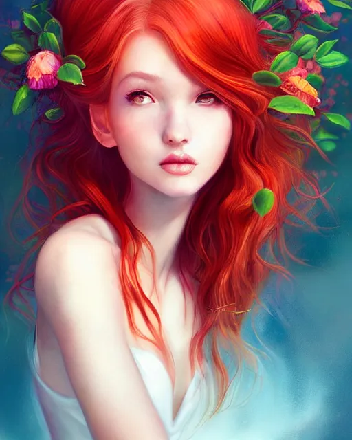 Prompt: red-haired summer beauty portrait, sunkissed skin, radiant light, flower couture, wlop and artgerm, warm glow, fantasy illustration