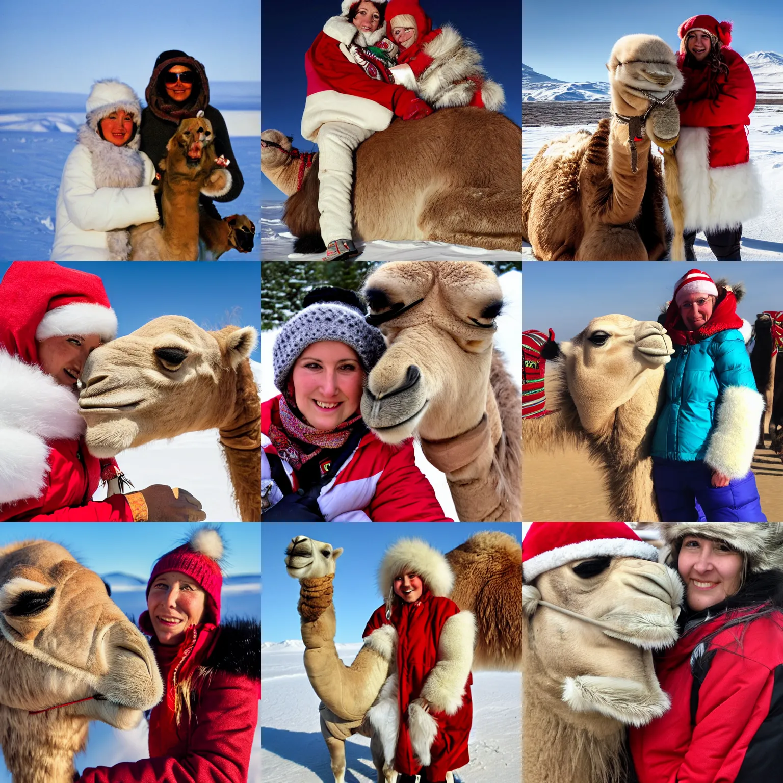 Prompt: as eskimo with her arm around a camel at the north pole