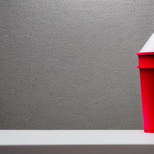 Image similar to an ultra high definition professional studio photograph, 5 0 mm f 1. 4 iso 1 0 0. the photo is set in a plain empty white studio room with a plain white plinth centrally located. the photo depicts an object on the plinth in the centre of the image. the object is a red cup. three point light.