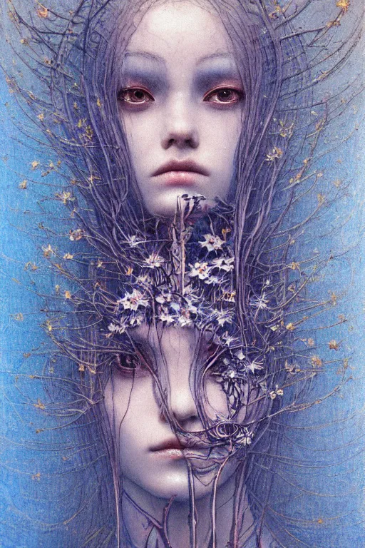 Image similar to portrait of beautiful young mainem, warhammer, japanic style, cyberpunk, a lot of scars, more and more flowers, blue head, the middle ages, highly detailed, artstation, illustration, art by jean delville, 8 k quality