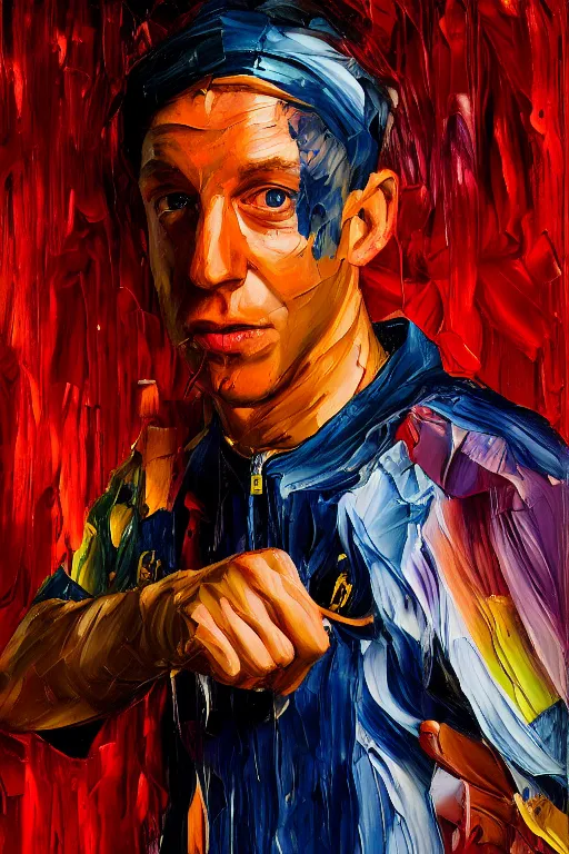 Prompt: palette knife oil painting portrait of carter, a weasley man in a tracksuit dealing drugs in a nightclub back room, artstation trending, artgerm, any racial background, deviant art, hipster, octane, substance, art history 8 k
