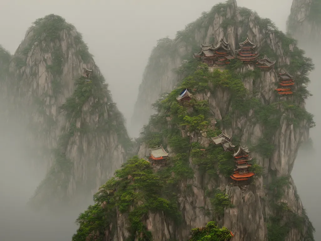 Image similar to the beautiful mountainous landscape of huangshan with buddisht and taoist temples on hilltops on a rainy day by gediminas pranckevicius